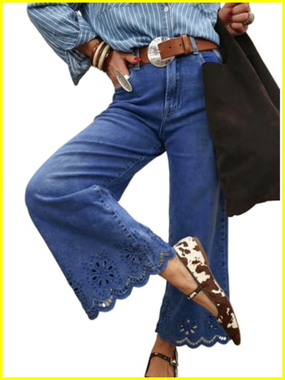 Wide Leg Embroidered Jeans High Waisted Stretchy Denim Pants